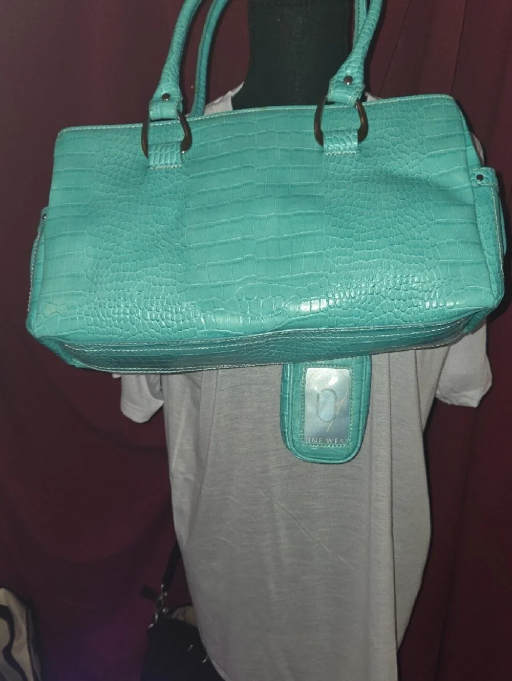 Nine West Teal Croc-Embossed Shoulder Bag with Stud Accents